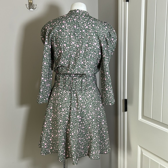 Maje Rakita Puff Sleeve Shirt Dress Green Pink Pleated Mini Floral Sz 38 US M - Picture 12 of 14